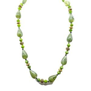 Vintage Green Lucite Beaded Necklace with Gold-Tone Accents & Geometric Beads
